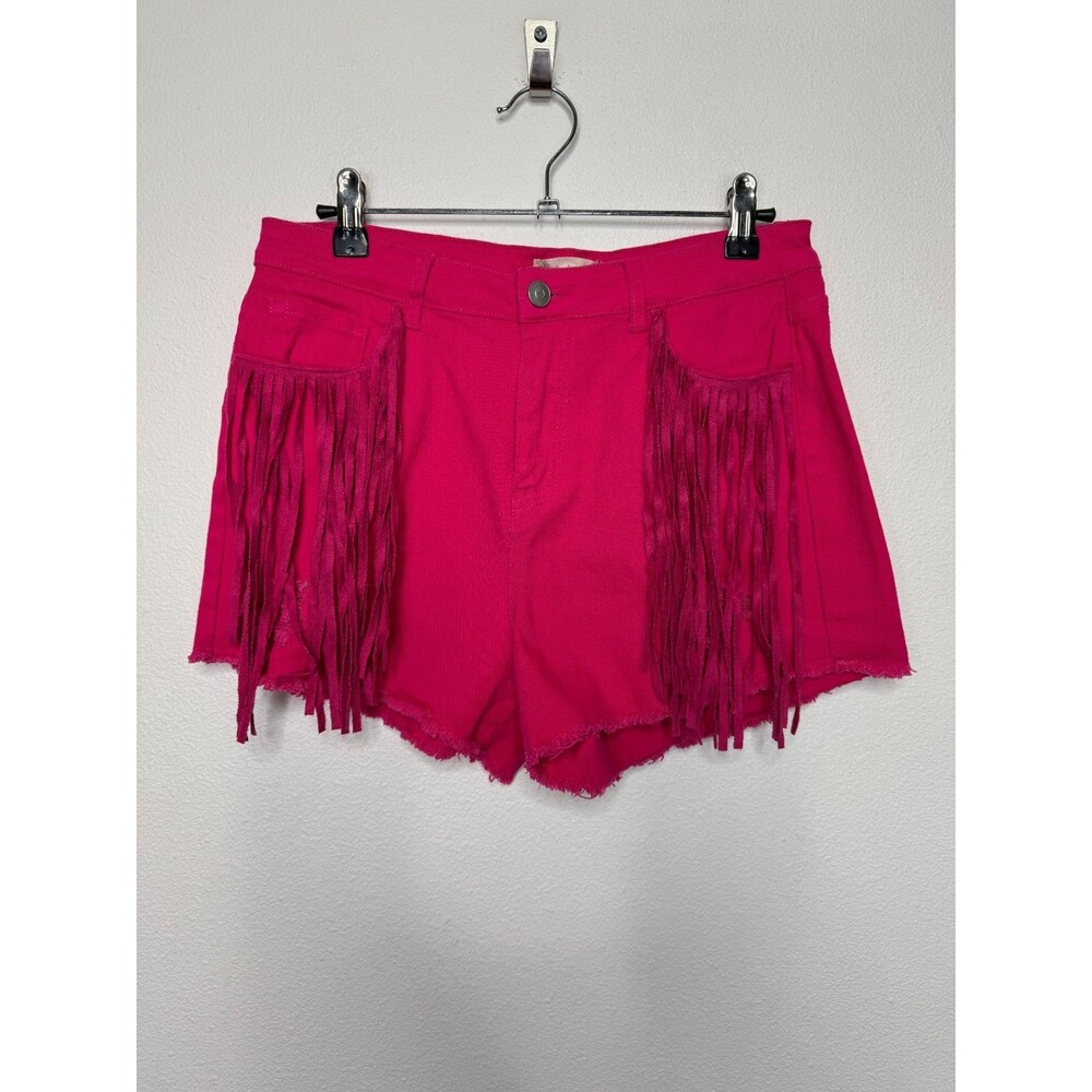 Altar'd State Medium Jean Shorts Hot Pink High Waisted Fringe Denim Distressed - Picture 4 of 10
